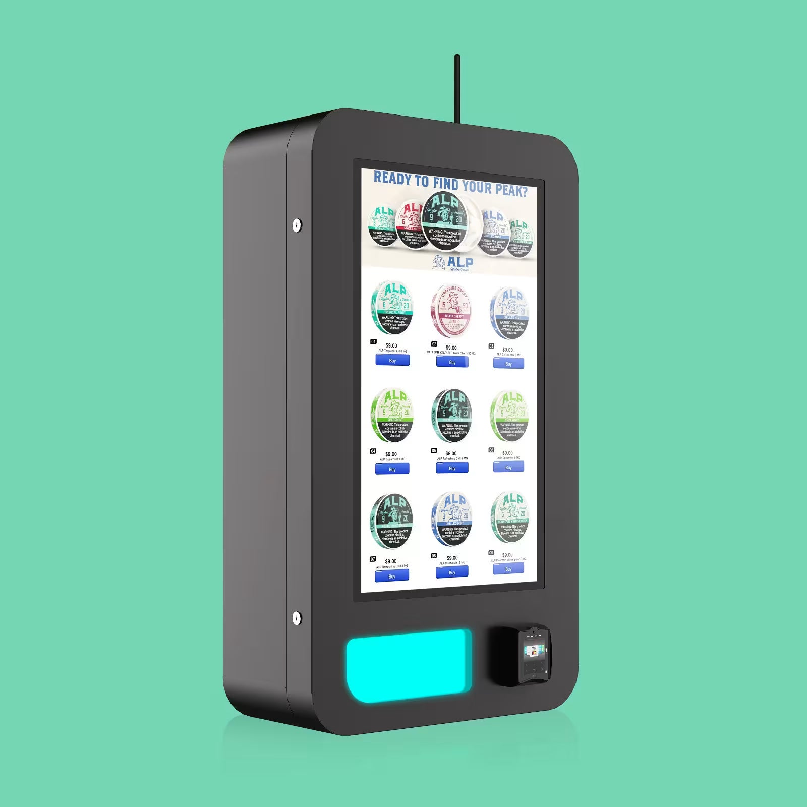 Angled view of the Slim Wall – Tin Lift nicotine pouch–only vending machine with touchscreen product menu with cashless payment reader.