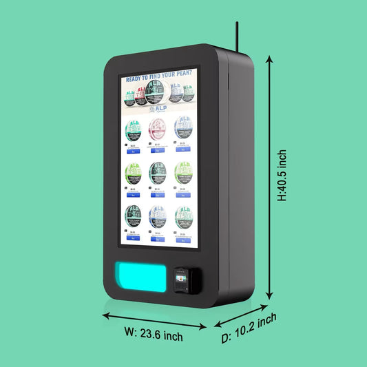 Angled view of the Slim Wall – Tin Lift nicotine pouch–only vending machine with labeled dimensions.