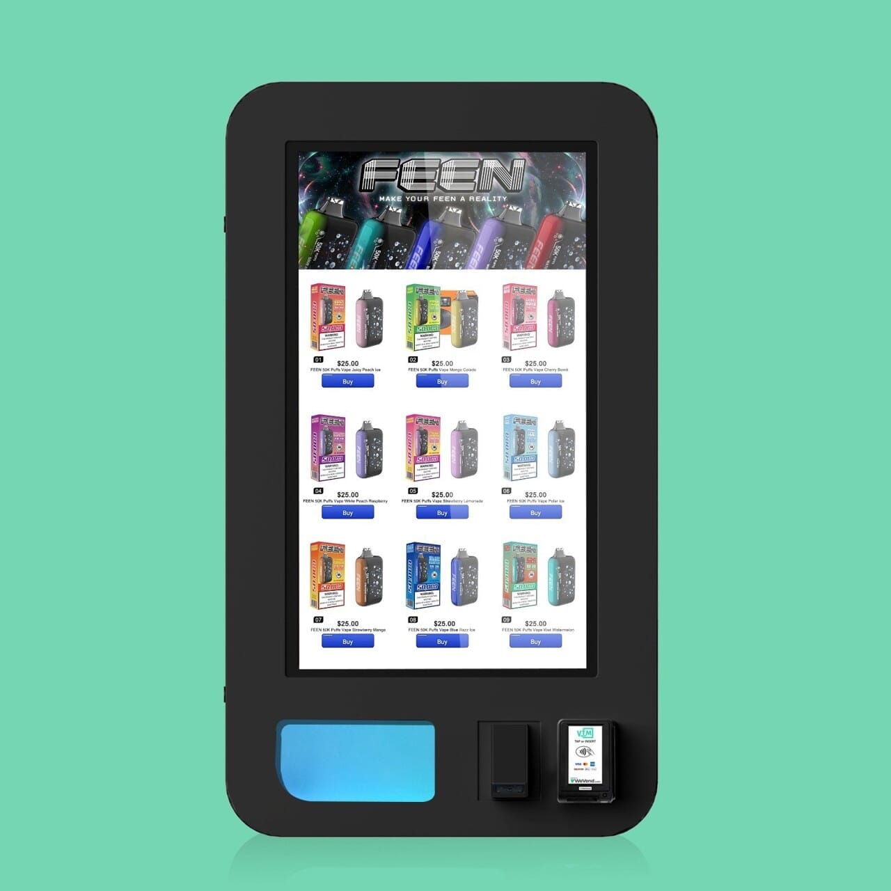 Slim wall-mounted vending machine featuring Feen disposable vapes