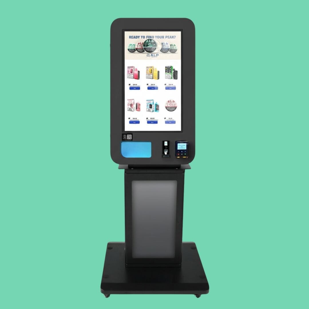 Slim Wall vape vending machine mounted on the optional pedestal stand, allowing for freestanding floor placement instead of wall mounting.