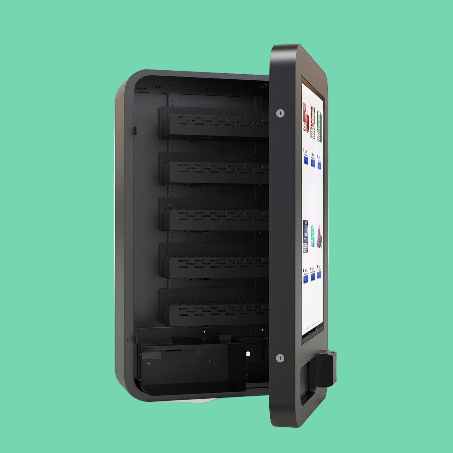 Slim Wall vape vending machine pictured slightly open, showcasing the 10-aisle internal capacity and the interactive touchscreen display.