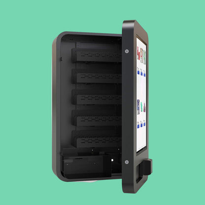 Slim Wall vape vending machine pictured slightly open, showcasing the 10-aisle internal capacity and the interactive touchscreen display.