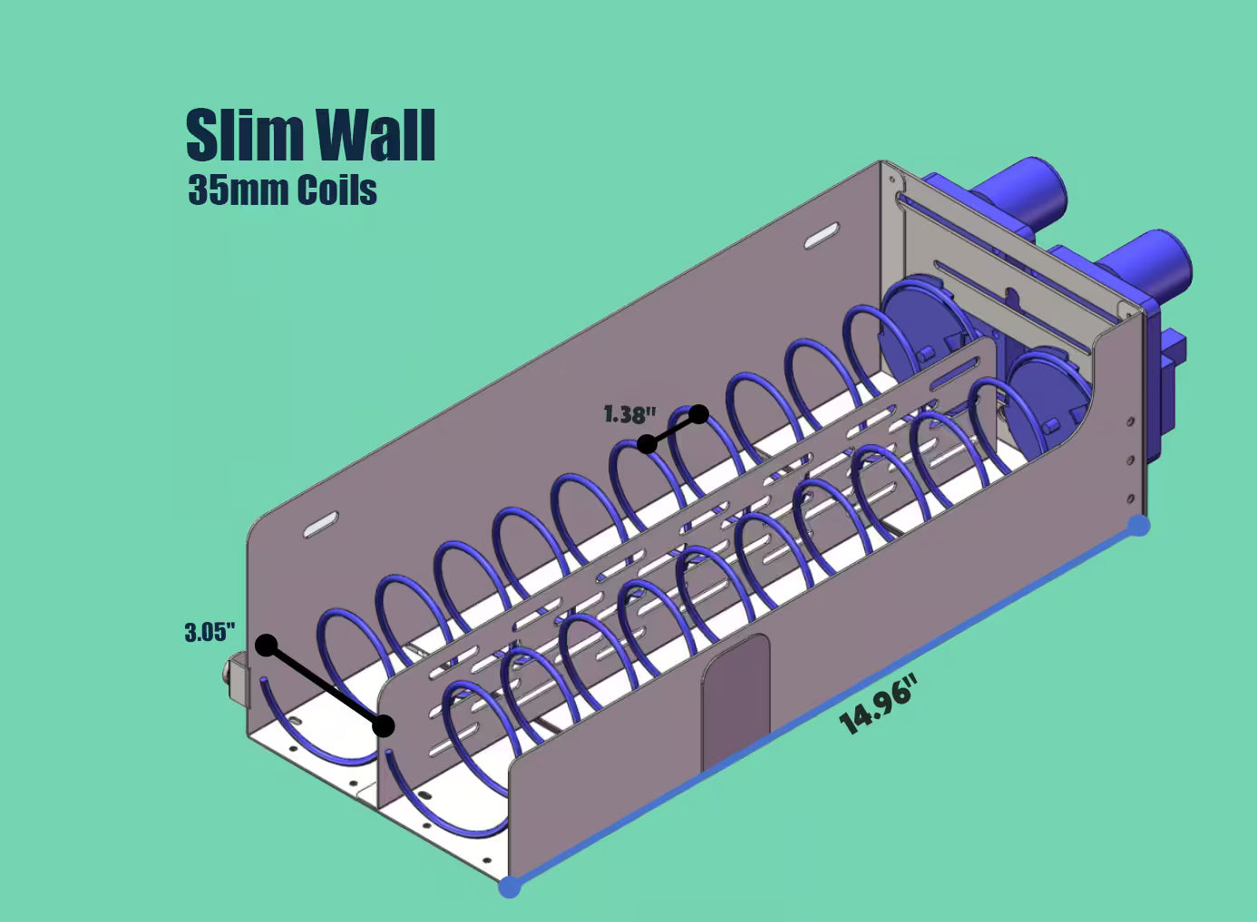Visual guide to 35mm coil dimensions for slim wall vending machines, showing tray width, depth, and product capacity per tray for Slim Wall 35mm units.
