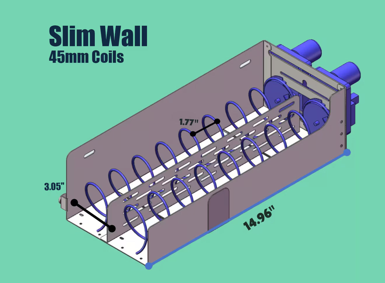Detailed illustration of 45mm coils for Slim Wall vending machines, showing tray dimensions, spiral spacing, and the maximum number of products per tray.
