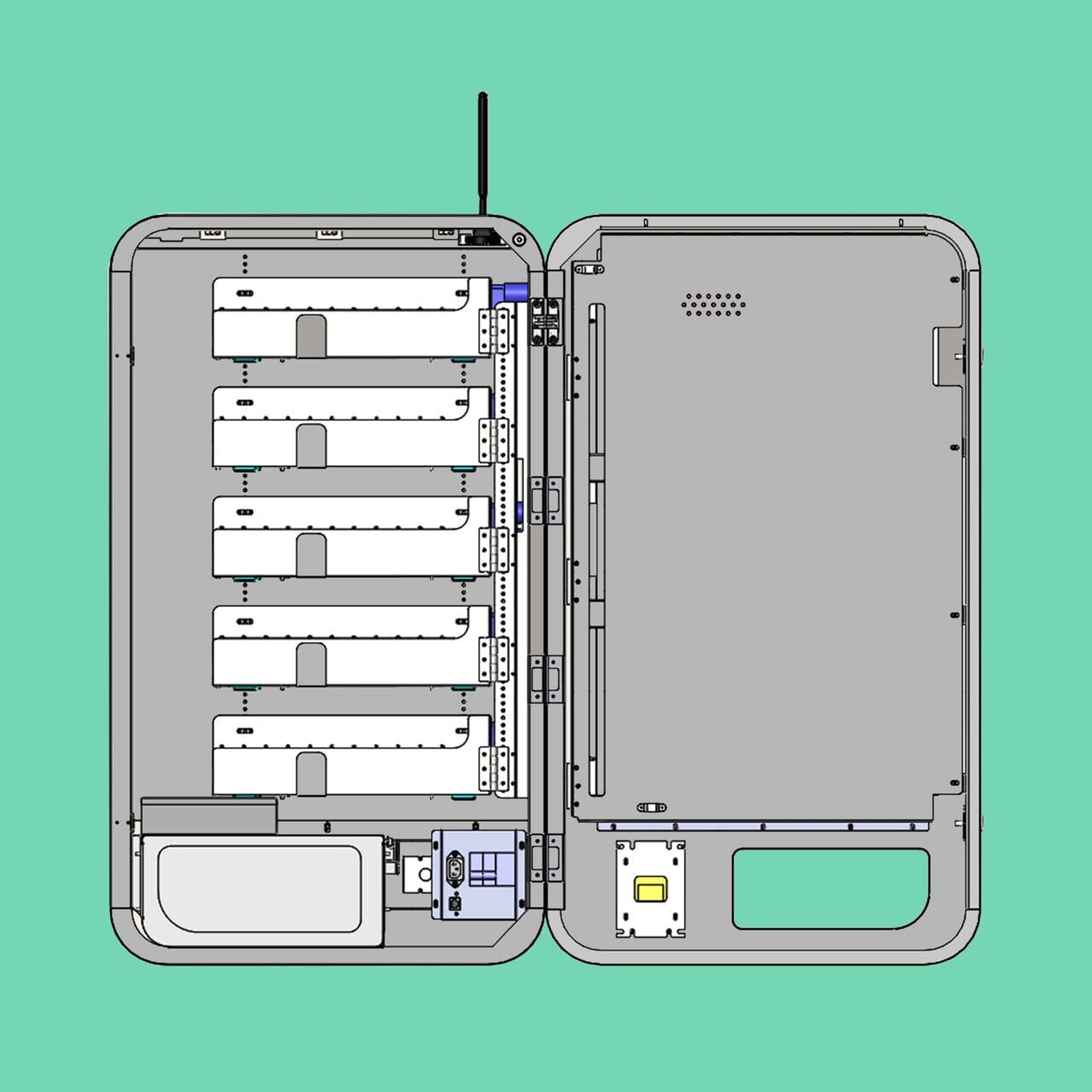 Internal X-ray view of a smart slim wall-mounted vending machine showing shelves, internal components, and product storage layout..
