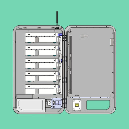 Internal X-ray view of a smart slim wall-mounted vending machine showing shelves, internal components, and product storage layout..