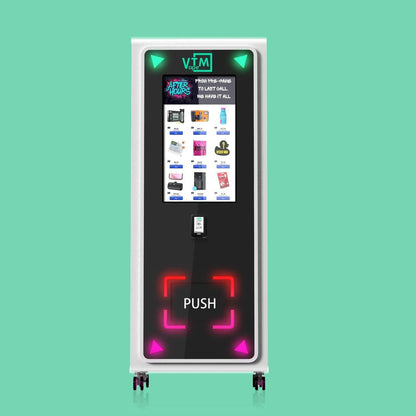 Stand-up smart vending machine with vertical touchscreen and push-access door.
