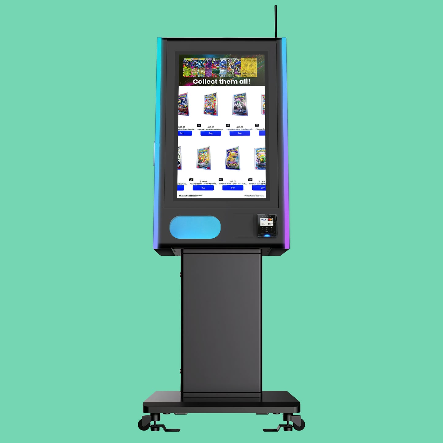 Mega Wall 2.0 TCG vending machine front view on a pedestal stand displaying Pokémon booster pack selection on touchscreen