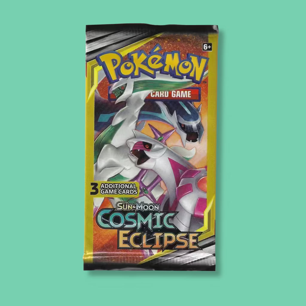 TCG Sun & Moon Cosmic Eclipse booster pack featuring Arceus, Dialga and Palkia with 3 additional game cards
