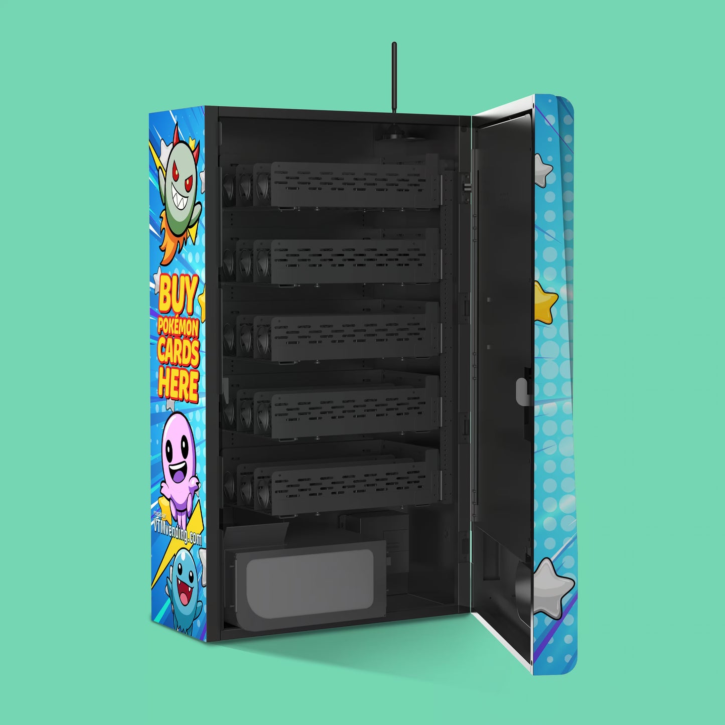 Pokemon TCG branded vinyl wrap on the VTM Mega Wall 2.0 TCG high-capacity wall-mounted Pokemon trading card vending machine open with 22mm coil