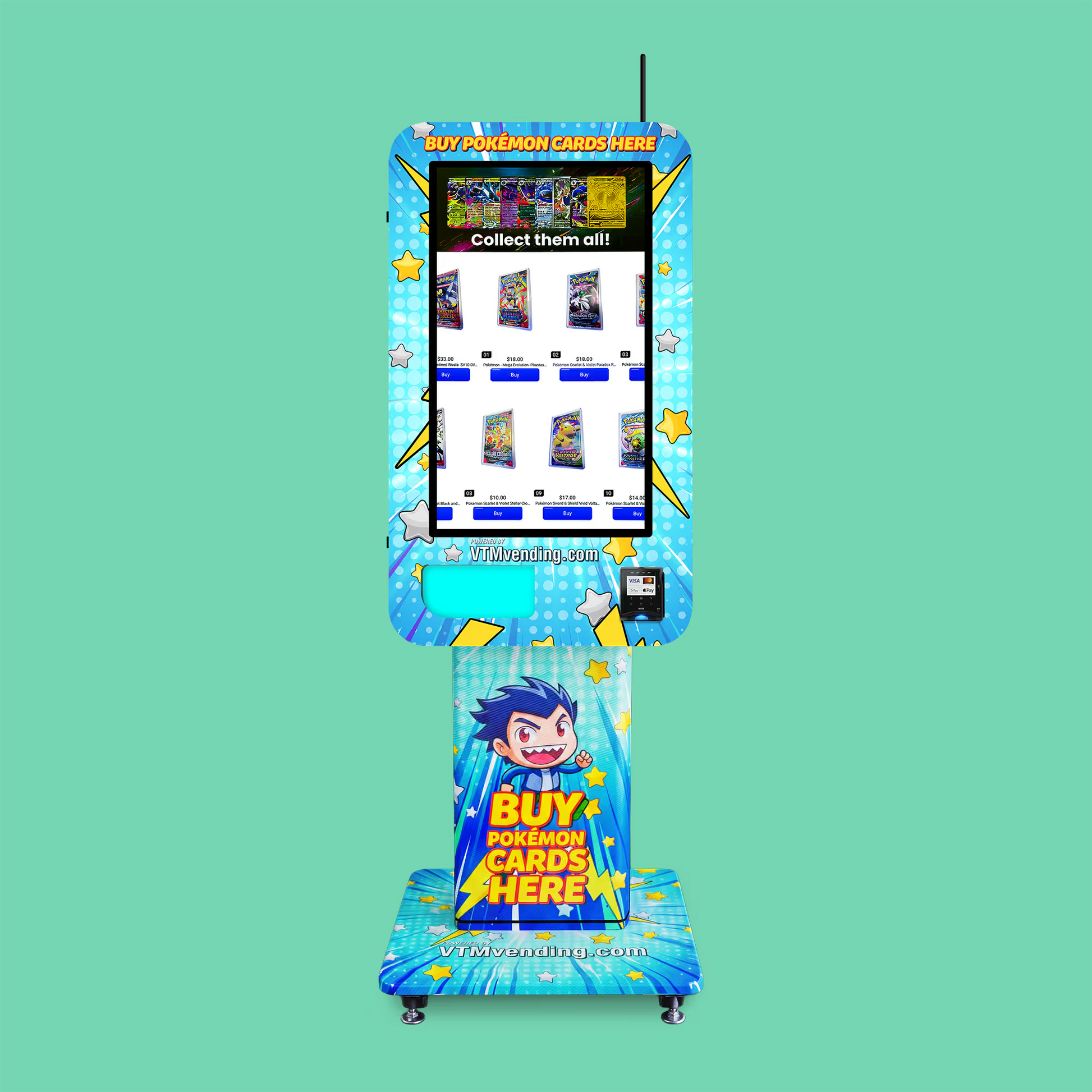 Pokemon TCG branded vinyl wrap on the VTM Slim Wall TCG Pokemon trading card vending machine front view on a TCG wrap pedestal stand displaying Pokémon booster pack selection on touchscreen
