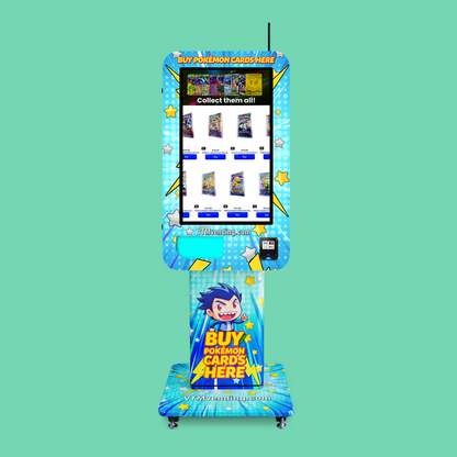 Pokemon TCG branded vinyl wrap on the VTM Slim Wall TCG Pokemon trading card vending machine front view on a TCG wrap pedestal stand displaying Pokémon booster pack selection on touchscreen