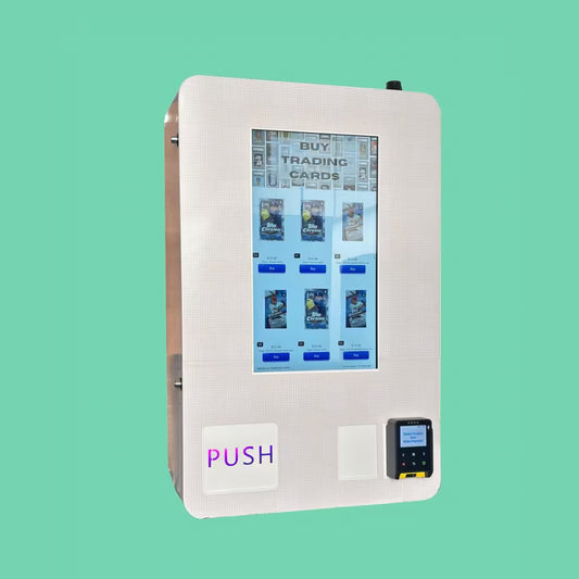 The Mini TCG compact vending kiosk for trading cards in plain white color with touchscreen display