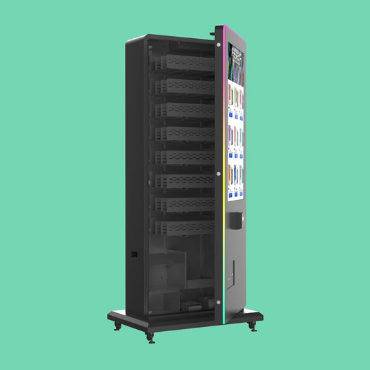 Open cabinet of the Slim Tower 2.0 smart vending machine displaying the screen hardware and 24 coil-driven aisles.