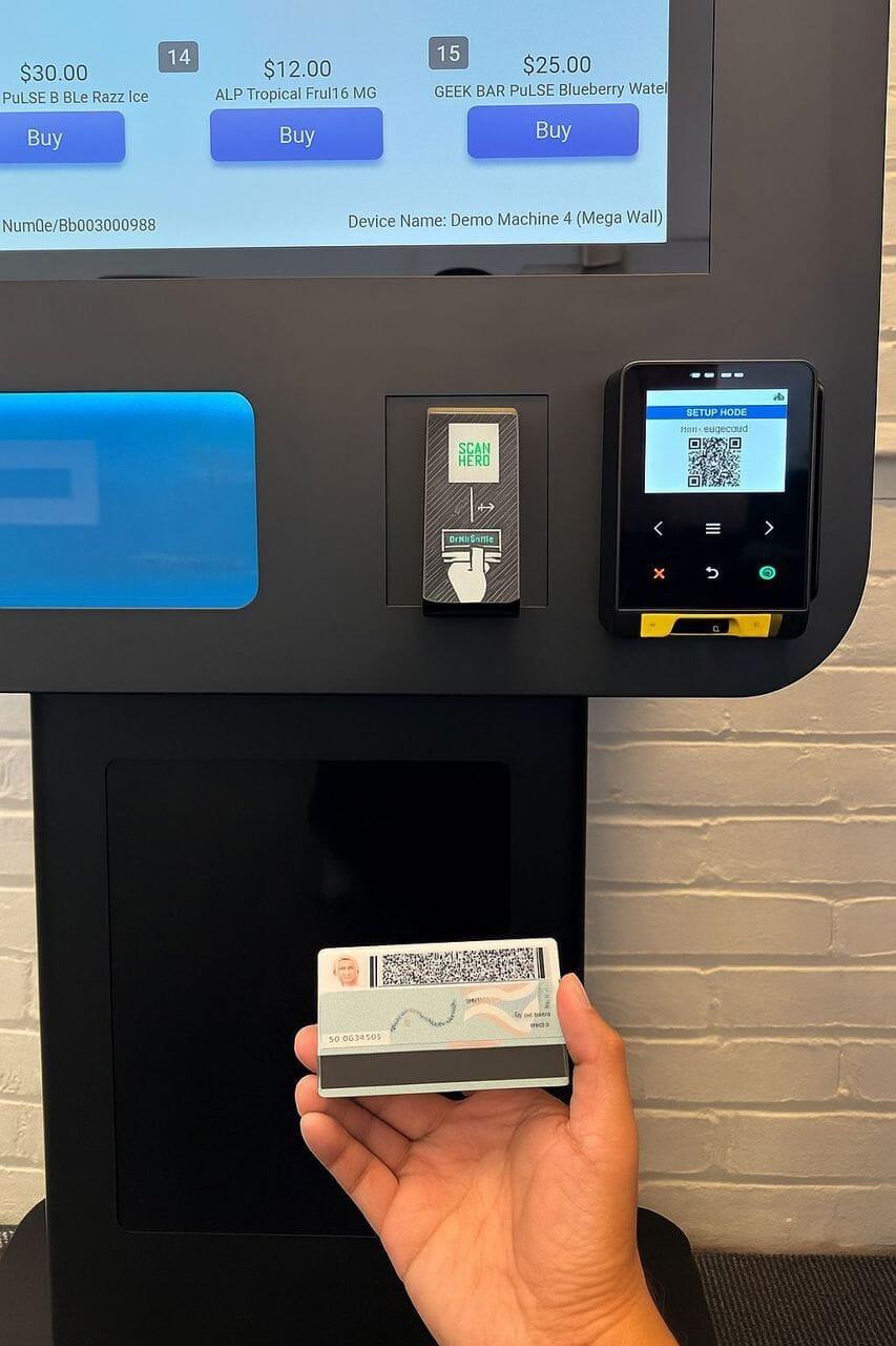 Customer scanning their ID at a VapeTM machine to verify their age.
