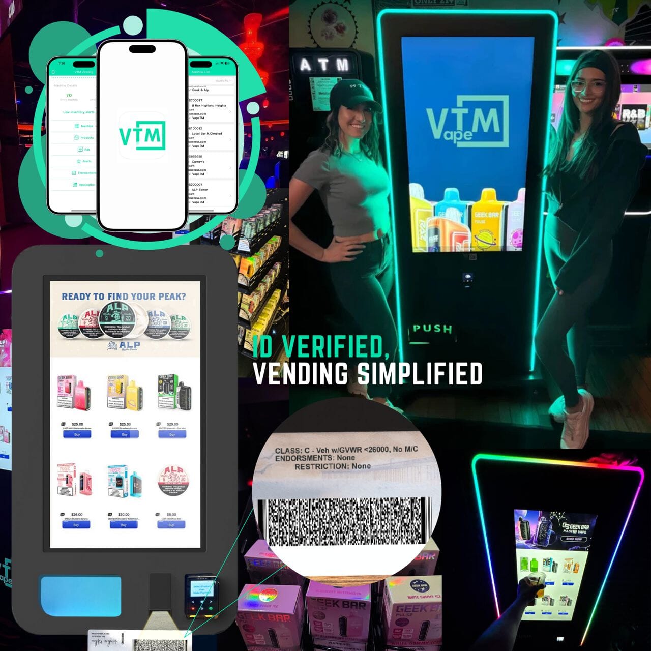 Featuring VapeTM’s smart vending machines with ID verification for age-restricted sales, displaying vape products like Geek Bar and ALP pouches. Includes mobile app interface, barcode scanner, and LED-lit kiosks for seamless, secure vending in nightlife venues.