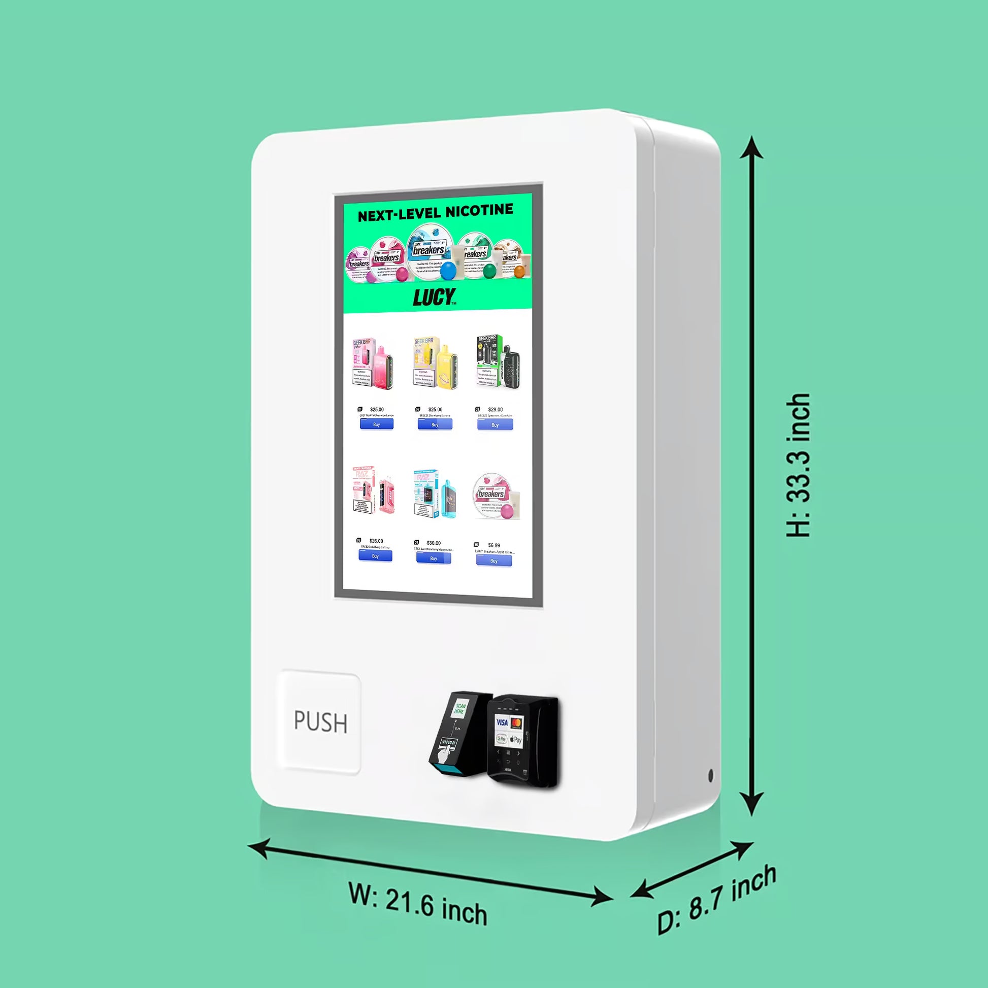 VapeTM Mini Wall vape vending machine Dimensions with ID Scanner and Nayax Card Reader