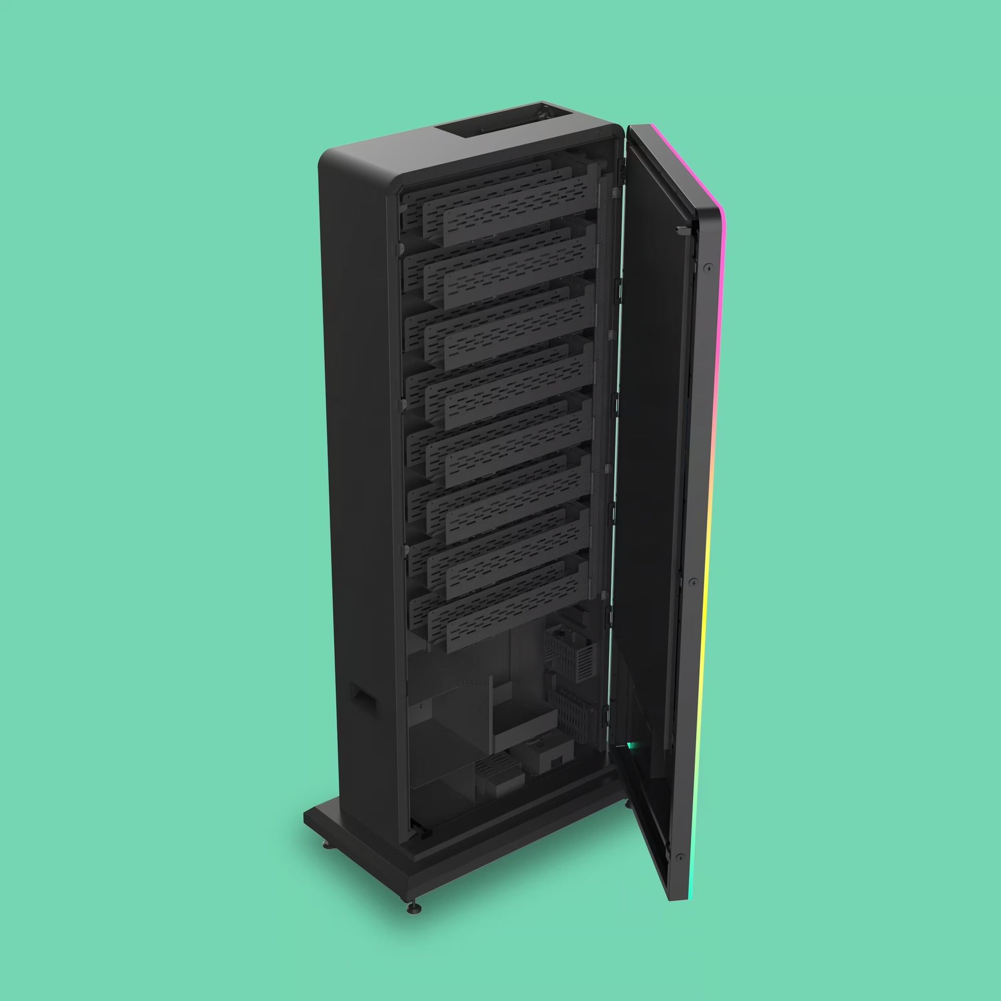 Open interior view of the VapeTM Slim Pack Tower 2.0 sports card vending machine showing internal dispensing shelves