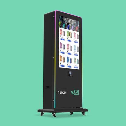 VapeTM Slim Tower 2.0 smart vending kiosk with touchscreen displaying vape products.
