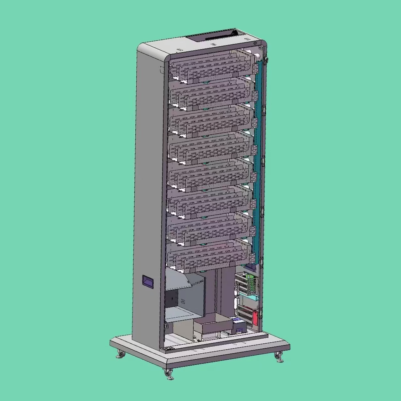 Internal layout view of the VapeTM Slim Tower 2.0 sports card vending machine showing high-capacity dispensing coils