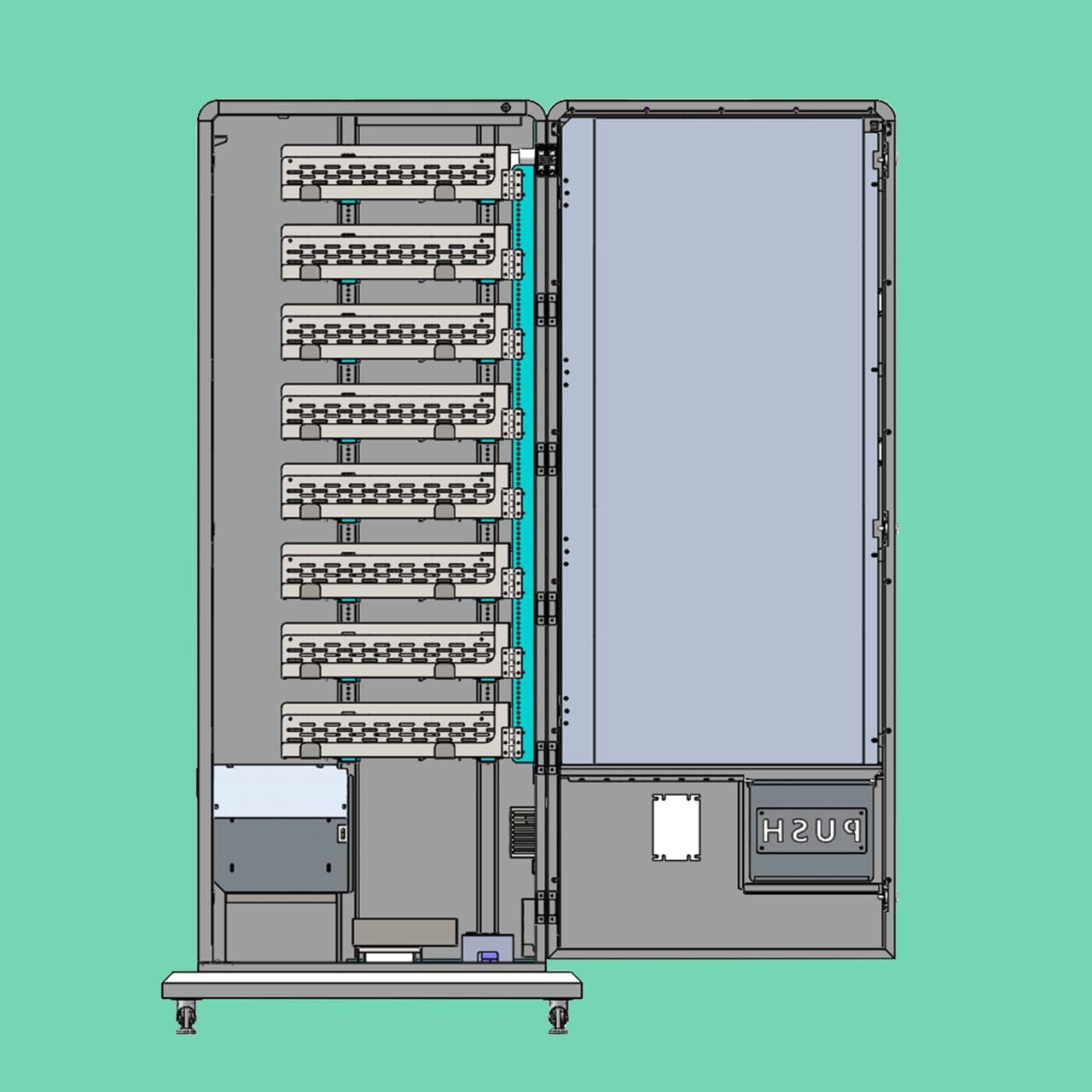 VapeTM Slim Tower 2.0 smart vending kiosk internal layout with coil trays and shelving system.