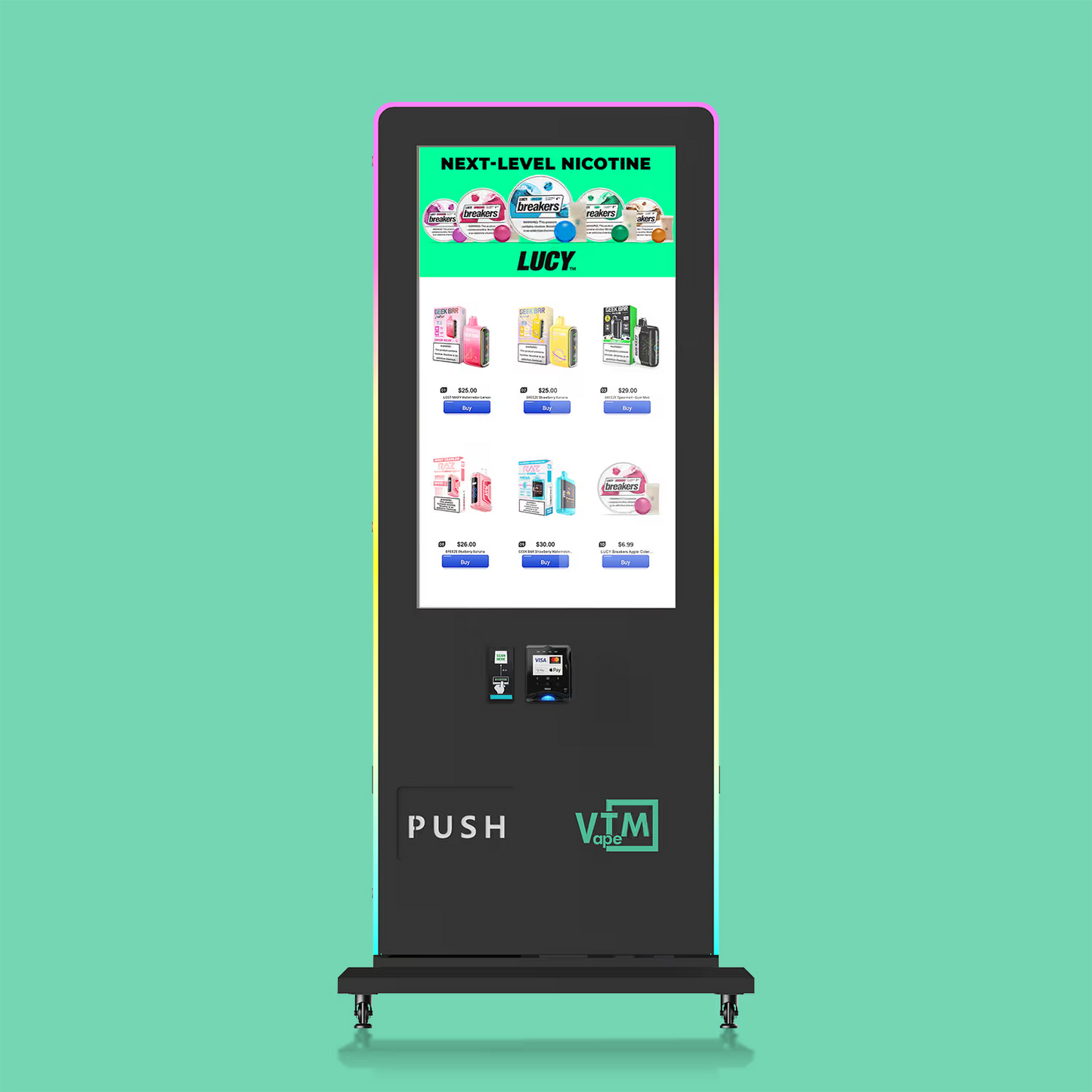 VapeTM Slim Tower 2.0 Front view freestanding vape vending machine with Nayax card reader and ID scanner