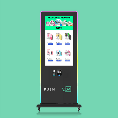 VapeTM Slim Tower 2.0 Front view freestanding vape vending machine with Nayax card reader and ID scanner