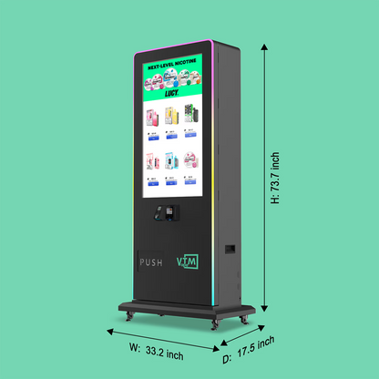 VTM Slim Tower 2.0 vape vending machine with dimensions, displaying vapes and Lucy Breakers nicotine pouches on Digital touchscreen with Nayax card reader and ID scanner