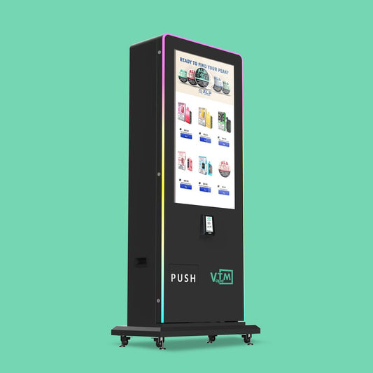 VapeTM Slim Tower 2.0 automated vape vending kiosk featuring a vertical touchscreen interface, cashless checkout, and built-in age verification system.