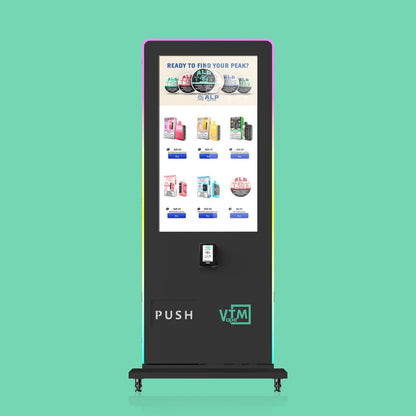 Front view of the VapeTM Slim Tower 2.0 smart vape vending machine featuring a full-height touchscreen, cashless payment system, and built-in age verification.
