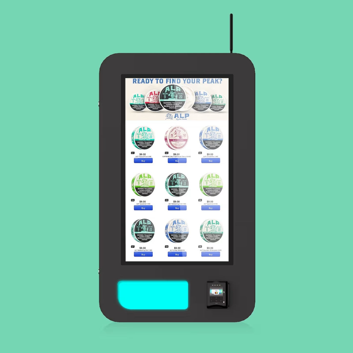 VapeTM Slim Wall – Tin Lift nicotine pouch–only vending machine with touchscreen display.