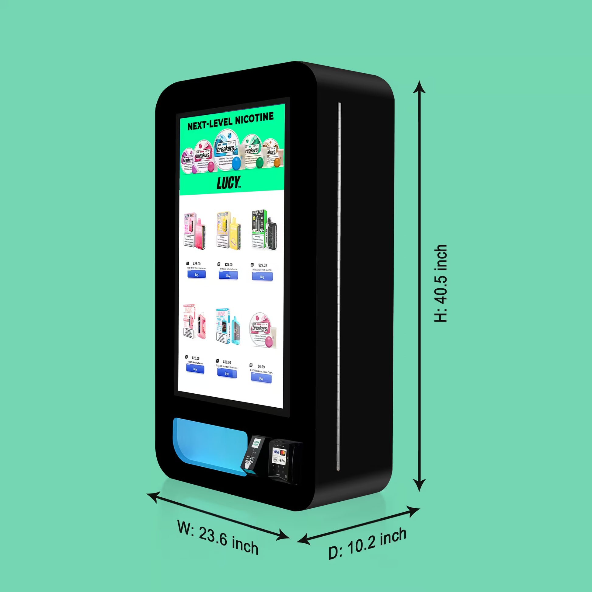 VapeTM Slim Wall vape vending machine with Nayax card reader and ID scanner for age-verified retail Size and Dimensions