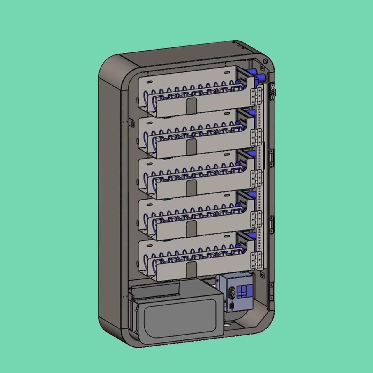 X-ray vision visualization of the VapeTM Slim Wall vape vending machine, revealing the internal vending mechanism, coil system, and 10 SKU capacity.