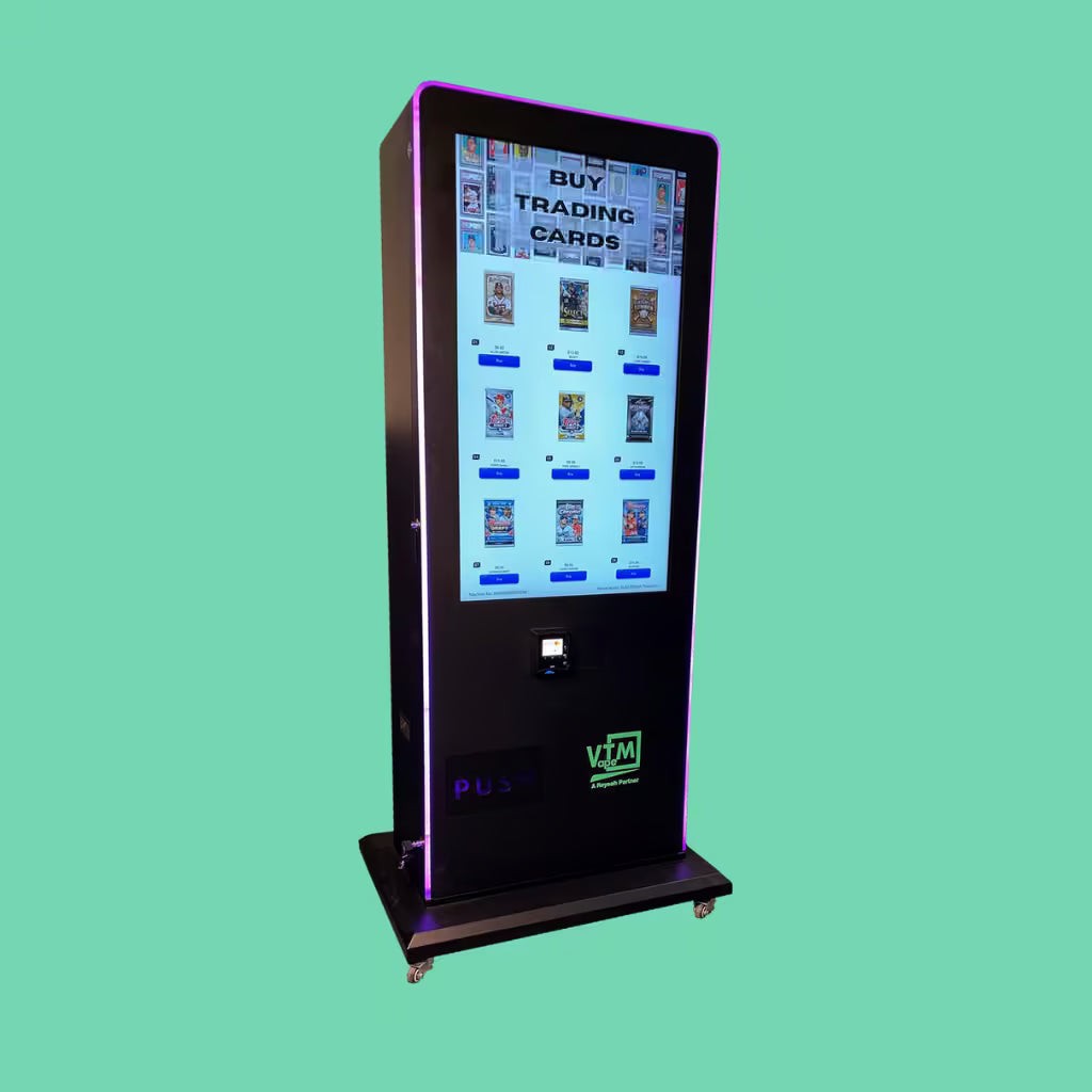 VTM Vending Slim-Pack Tower 2.0 vending machine with 22mm coils engineered for card packs like Pokémon, TCG, and baseball cards.