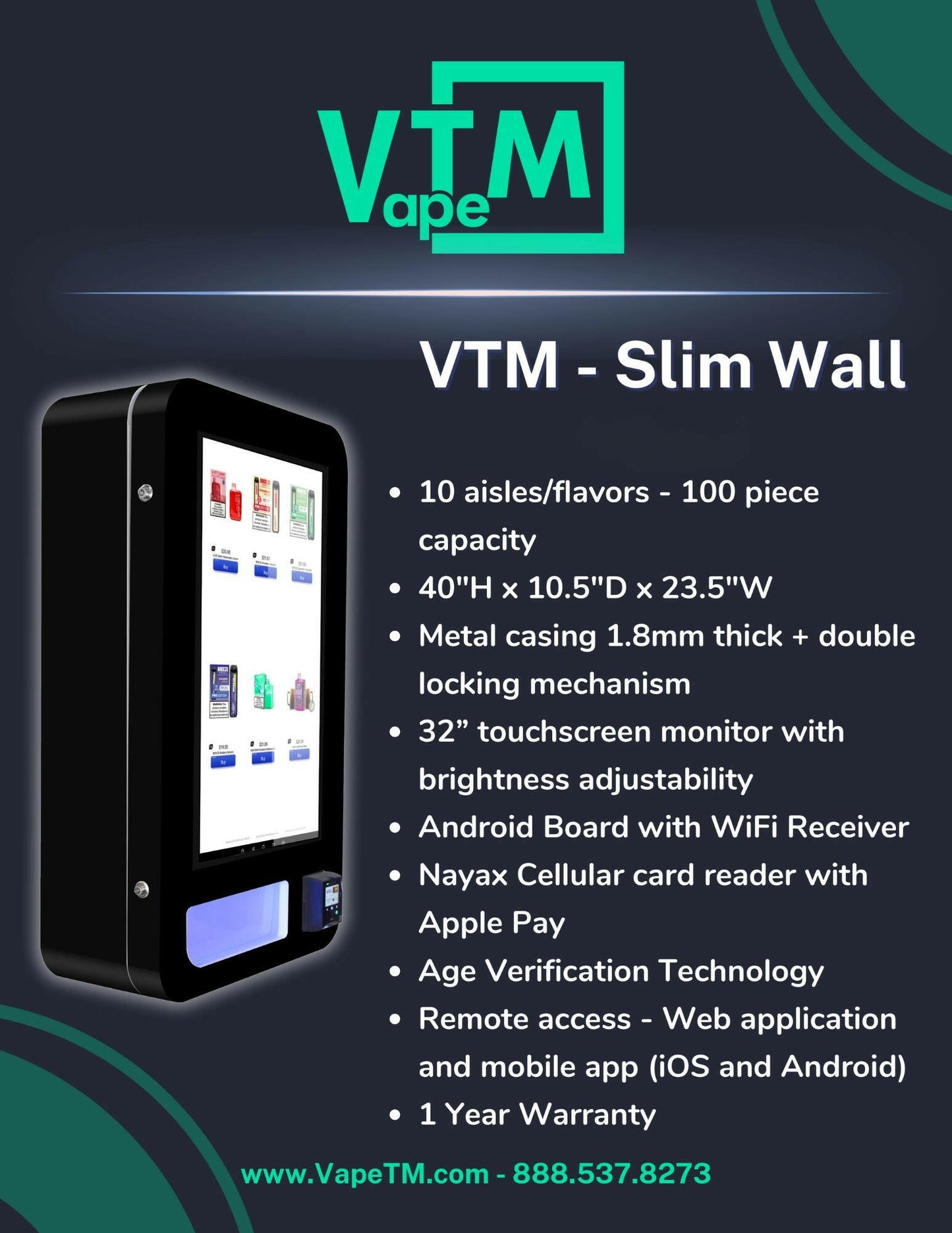 Sleek and compact wall-mount vape vending machine with mobile app, smart software, and custom biometric or optional age verification.