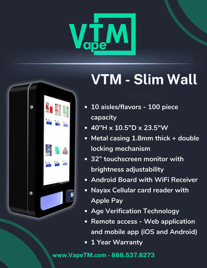 Sleek and compact wall-mount vape vending machine with mobile app, smart software, and custom biometric or optional age verification.