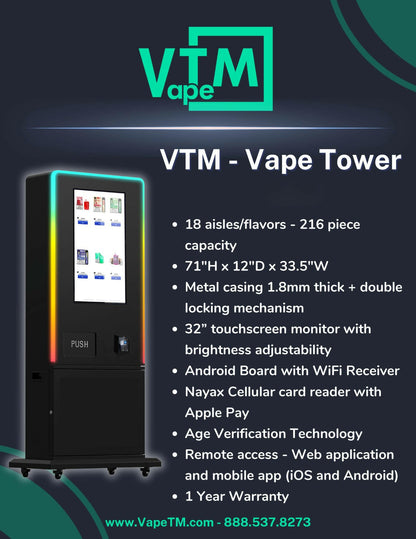 18-aisle Slim Tower smart vape vending machine featuring sleek design, VTM software, and optional age verification.