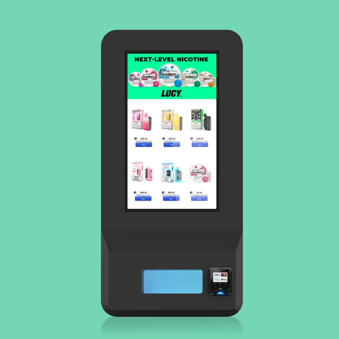 VapeTM Weather Wall outdoor vape vending machine with Nayax card reader Front view