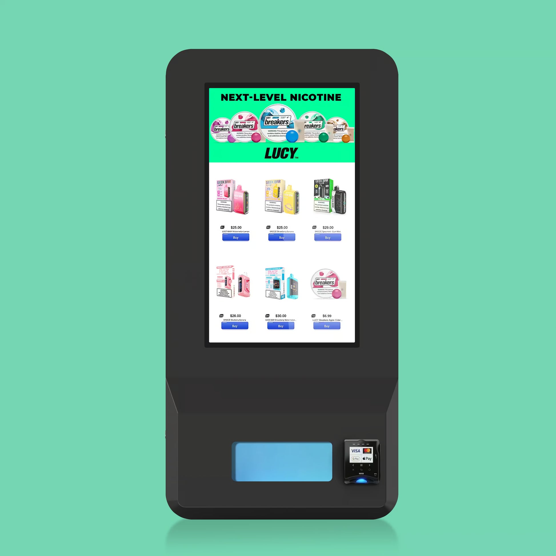 VapeTM Weather Wall outdoor vape vending machine with Nayax card reader Front view