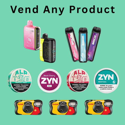Promotional graphic with text "Vend any product" showcasing the machine's ability to dispense disposable vapes, nicotine pouches, and nightlife essentials like disposable cameras.