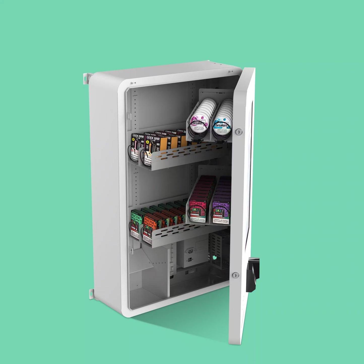 VapeTM Mini Wall vape vending machine with Nayax card reader and ID scanner for compact retail spaces with vapes and Lucy Breakers nicotine pouches