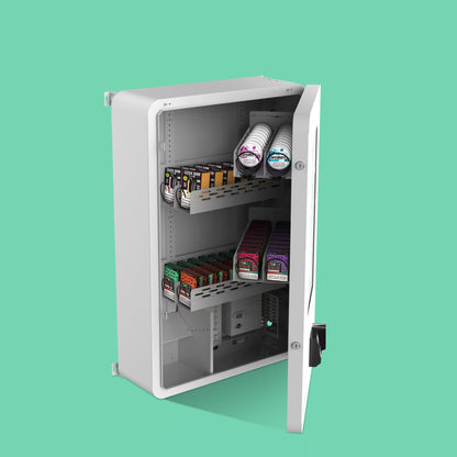VapeTM Mini Wall vape vending machine with Nayax card reader and ID scanner for compact retail spaces with vapes and Lucy Breakers nicotine pouches