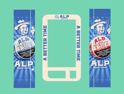 ALP nicotine pouch vending machine wrap design featuring chilled mint and sweet nectar flavors with vintage blue theme